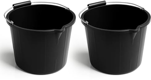 Black Builders Bucket 2 PACK - 14 Liters / 3 Gallon Water Storage Heavy Duty Plastic Bucket Metal Handle & Pouring Spout - Ideal For Home, Garden, and Other Work