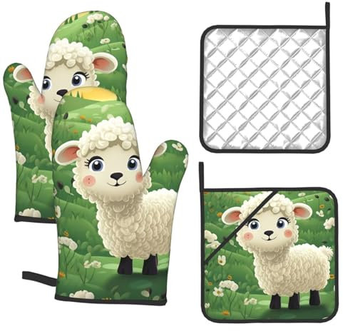 Oven Mitts and Pot Holders Sets 4Pcs Heat Resistant Extra Thick Long Oven Gloves Non-Slip Cooking Gloves Cute Cartoon Sheep Kitchen Potholder Pan Racks for Baking BBQ Glove