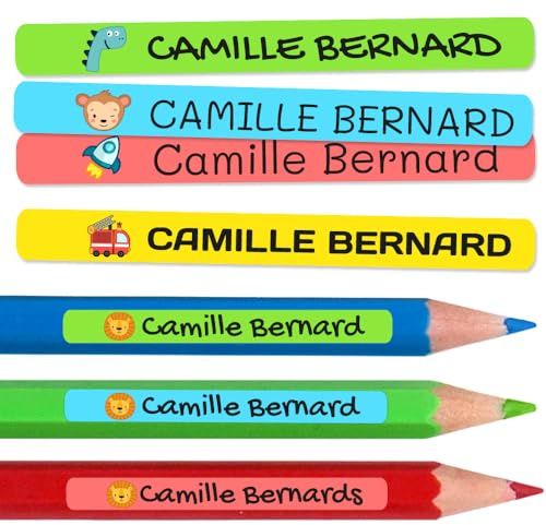 200 Pegatinas personalizadas para marcar lápices y bolígrafos. Etiquetas adhesivas de vinilo impermeables de colores para niños en la escuela y la guardería. Dimensiones 4,6 x 0,6 cm