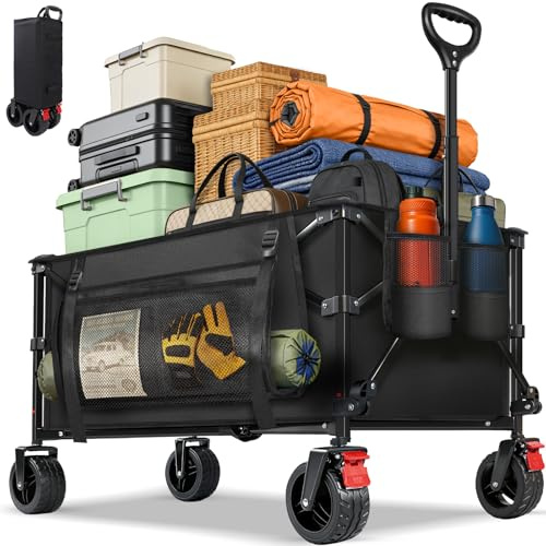 BELEEV Bollerwagen Faltbar mit Bremsen, Handwagen Faltbarer Groß XXXL | All Terrain Räder, Seitentasche, Getränkehalter, 180L 150 KG Wagon Klappbar Kinder, Gartenkarre, Einkaufswagen, Camping -180L