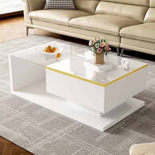 OKMYHOME Table Basse LED avec Plateau en Verre, Blanche | Forme rectangulaire, verre trempé, design moderne, pour salon
