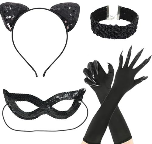 dinghaole Catwoman-Kleidungszubehör-Set für Erwachsene, glänzendes Katzenohr-Stirnband, Maske, Halsband, Halskette, Katzenkrallenhandschuhe, geeignet für Halloween, Make-up-Party, Cosplay, Mottoparty