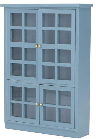 TIKATARER 1:12 Scale Dollhouse Bookshelf, Dark Blue Four Door Miniature Display Cabinet, Scandinavian Style Birchwood Cabinet with Transparent Doors, Ideal for Dollhouse Study & Living Room