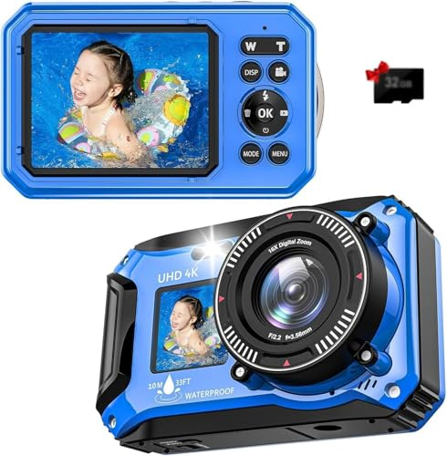 4K 33FT UHD Underwater Camera for Snorkeling with 32GB Card Dual-Screen Compact 56MP Waterproof Camera Dustproof Floatable Autofocus Camera