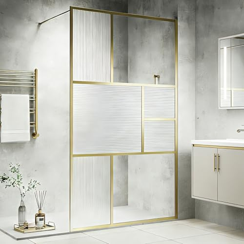 SUNXURY Walk-in Duschabtrennung 90x200cm mit 8mm strukturiertem Sichtschutzglas, Walk In Duschwand mit Stabilisierungsstange aus Edelstahl, pflegeleicht & stabil, Gebürsteter Goldrahmen