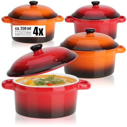 COM-FOUR® 4X Cazuela con Tapa de Cerámica - Cuenco de Postre para, por Ej., Aleta Ragú en Naranja y Rojo, 250/175 ml por Plato (4 piezas - naranja. rojo)