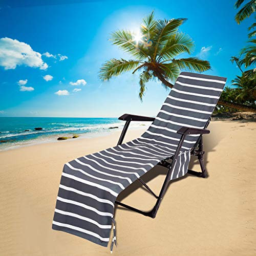 ele ELEOPTION Gestreifte Strandliege Stuhlhussen, Mikrofaser Strandtuch Tragbar Schnell Trocknend Sonnenliege Abdeckungen mit Aufbewahrungstasche für Pool, Hotel, Urlaub, 75 x 215 cm (Grau)