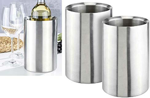 Oramics 2er Set Flaschenkühler Weinkühler komplett aus Edelstahl 12,5x12,5x19cm - Getränkekühler kippsicher bruchfest - Doppelwandige Vakuumisolierung für bessere Kühlung (Silber, 2 Stück)