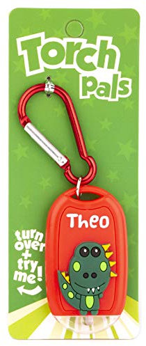 Stands Out, Supplying Outstanding Gifts Theo Name Dinosaur Boys Red Novelty Personalised Mini LED Toy Torch Carabiner Clip