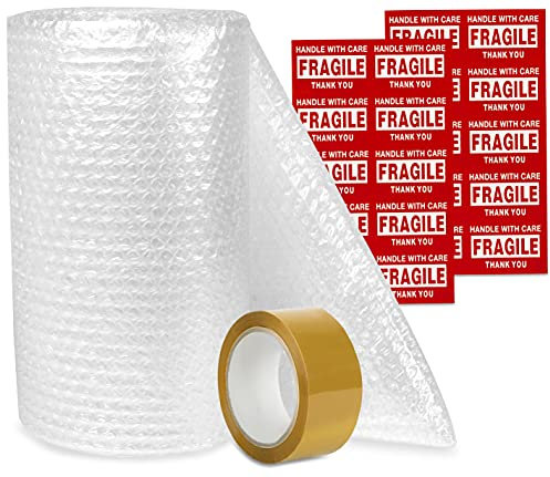 1 Roll of 300mm x 11m Bubble Wrap, 1 Packing Tape and 20 Fragile Stickers - Perforated Bubble Wrap to Allow for Easy Tearing - for Packaging, Packing, Posting Parcels Moving Boxes