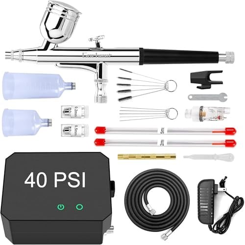 Gocheer Airbrush Kit with Compressor - 40PSI Dual Action Multi-Function Air Brush 3 Modes with 0.2/0.3/0.5 mm Nozzle Portable with 18 Pcs Accessories Crafts Nail Art Tattoos Cake Decorating,Black