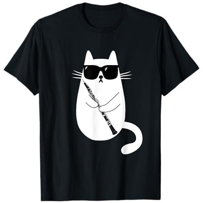 Chat Drôle avec Lunettes de Soleil Musicien Hautbois T-Shirt