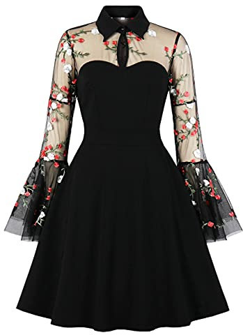 Wellwits Women's Embroidery Mesh Bell Sleeve Gothic Dress Floral in Black S