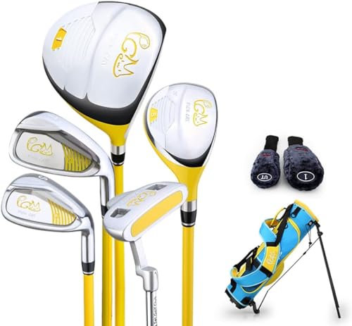 PGM Golf Club Komplettset, 5 Golfschläger mit Standtasche und 2 Schlägerhauben, rechte Hand, Gelb