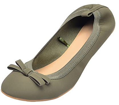 ERLINGO Ladies Roll up Shoes Foldable Ballet Flats with Bowknot Soft Sole Roll Up Ballet Pumps for Women Non Slip Fold Up Ballerina Dolly Shoes for Weddings and Parties Green