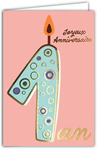 Carte Anniversaire 1 an en Or Doré Brillant pour Bébé Fille Enfant - Texte Coloré Adapté à l’Âge à l’Intérieur - Enveloppe incluse - Collection - Fabriquée en France - ColorAges - Afie 69-2601