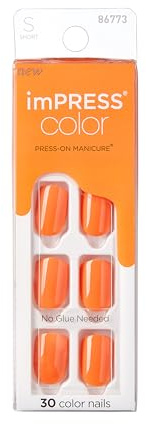 imPRESS Color Press On Nails, ‘'Sweet Mango', Solid Orange, Short Squoval, PureFit Technology, Patented Super Hold Adhesive, Chip Proof, Smudge Proof, Mini Nail File, Manicure Stick & 30 Fake Nails
