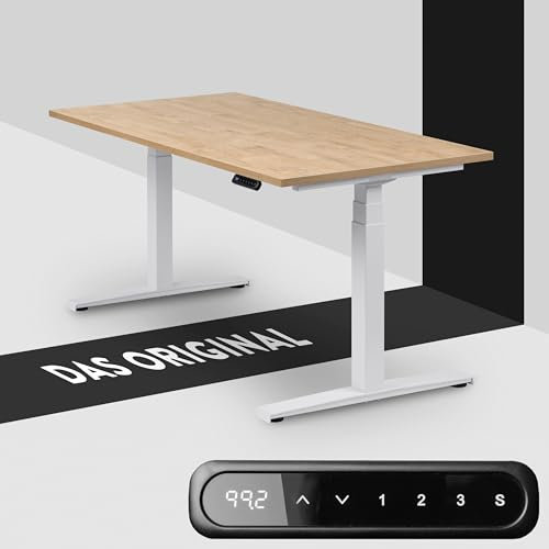 boho office® Höhenverstellbarer Schreibtisch 180 x 80 cm - Elektrisch stufenlos, inkl. Wireless Charger, Memoryfunktion, Kollisionsschutz - Basic Line Weiß inkl. Tischplatte in Wildeiche