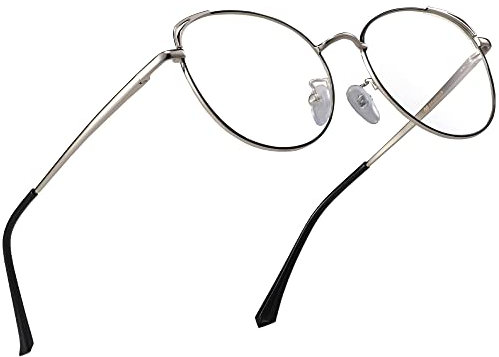 XFentech Blaulichtfilter Brille - Damen Herren UV400 Schutz Klassische Metall Oval Rahmen Klare Linse Brille Dekobrillen Gaming Computerbrillen, C5 Schwarz-Silber