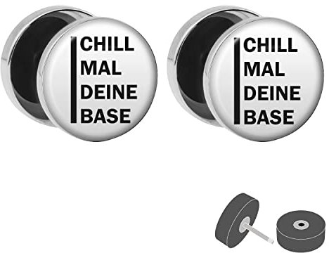 Treuheld® Silberner Fake Plug Chill mal deine Base - Bild Ohrstecker mit Motiv - Anzahl: 1 Paar (2 Stück)