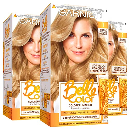 3 x Garnier Belle Color Haarfarbe, permanent, nährend, aufhellend, natürliches Ergebnis mit Weizenkeimöl, Farbe 1 Hellblond Natur, 3 Packungen