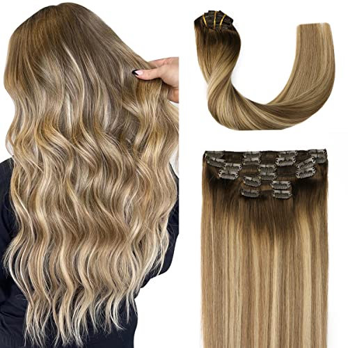 Sindra Echthaar Extensions Clip in Balayage 35cm Real Human Hair Haarextension Echthaar Ombre Walnuss Braun bis Ash Braun and Goldblond Haarverlängerung Glatt 100g 6 Stück C#3/8/22 14 Zoll