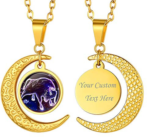 Suplight Horoskop Collier Sternzeichen Stier personalisiert Kette 18k vergoldet Mondsichel Anhänger Halskette 50+5cm lang Rolokette mit Sternbilder Tierkreis Modeschmuck für Damen Herren