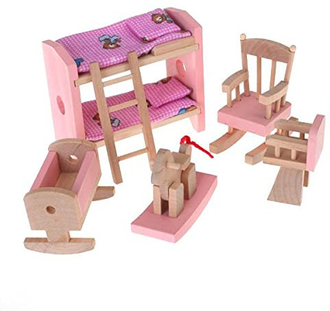 Colorful Dollhouse Furniture Wooden Kids Room Set Toy with Bunk Bed, Rocking Horse, High Chair, Rocking Chair, and Cradle - Perfect Addition to Dollhouse or Play on Its Own