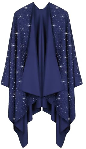 REEMONDE Damen Poncho mit Strasssteinen vorne offen, Dunkelblau, Einheitsgröße