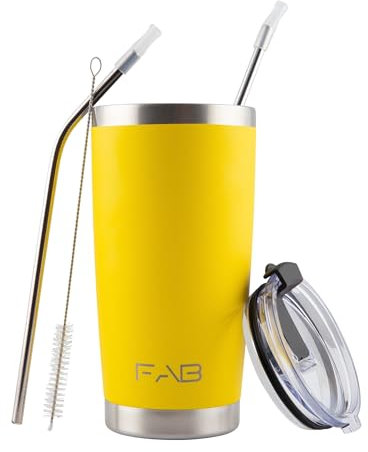 FAB | Vacuum Insulated Tumbler with Lid & Straw 560ml (20oz)| Reusable Stainless Steel Flask for Hot & Cold Drink | Iced Coffee Cup | Travel Mug | BPA Free - Yellow