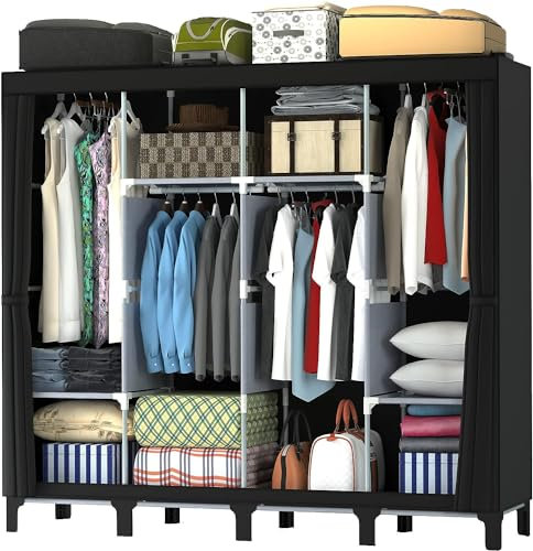 LOEFME Kleiderschrank 170 * 175 * 45cm, Stoffschrank für Schlafzimmer, Kleiderschrank Stoff, Stoffkleiderschrank mit 2 Hängenden Schienen und 18 Seitentaschen (Negro)