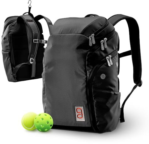 GEAU SPORT Axiom Rucksack 2.0 Schwarz – Tennis-Rucksack, 2 Schläger-Kapazität, für Damen und Herren, Pickleball-Tasche, bruchfeste Sonnenbrillentasche, Tasche für nasse Ausrüstung, anpassbare