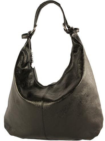 modamoda de 337 Damen Leder Schultertasche Shopper Large handmade in Italy, Farbe:Schwarz-Metallic