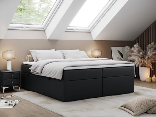 MKS MEBLE Boxspringbett 160x200 ohne Kopfteil mit Bettkasten, Bett 160x200 niedriges Kopfteil, Polsterbett 160x200 ohne Kopfteil - Bess - Schwarz Kunstleder - H3