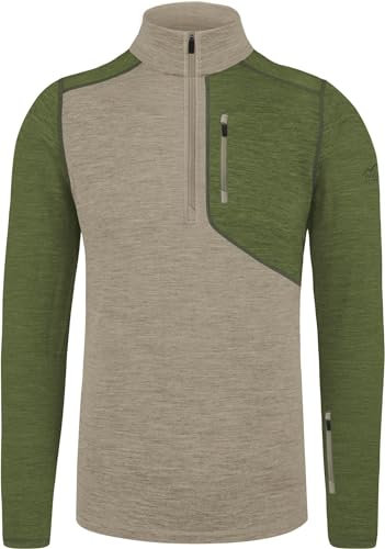 normani Herren Merino Oberteil Ski-Langarm-Shirt Longsleeve mit Reißverschluss - 100% Merinowolle - Pullover mit 1/4 Zip und Arm-Reißverschluss Farbe Khaki Größe 5XL