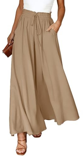 CMTOP Sommerhose Damen Leicht Lässige Palazzo Hose Elastisch Hohe Taille Freizeithose mit Taschen Kordelzug Baggy Schlaghose Elegante Business Hosen(Khaki,L)