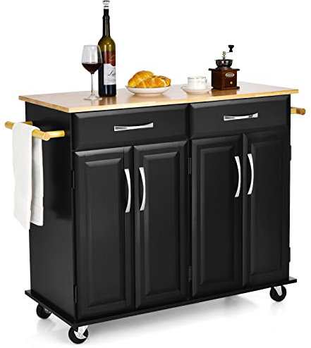 GOPLUS Desserte de Cuisine à roulettes verrouillables, Desserte Comptoir en Bois, 2 Tiroirs, 2 Porte-Serviettes, 2 Armoires à Double Porte, Étagères Rréglables, pour Cuisine, Salle à Manger(Noir)