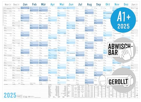 Häfft® abwischbarer Wandkalender 2025 groß Blau 89 x 63 cm (größer als A1) gerollt, Wandplaner für 15 Monate: Nov 2024 - Jan 2026 - nachhaltig & klimafreundlich