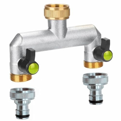 GEDEGOOK Grifo Doble Jardin Distribuidor de Agua de 2 Vías 3/4'', Grifo de Jardin Doble Salida, Adaptador Grifo Manguera Distribuidor de Jardín de 2 Vías, Conector Grifo Exterior Doble para Jardin