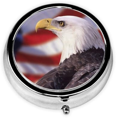 Pillendose mit USA-Flagge und Adler-Druck, rund, tragbar, Mini-Metall-Pillendose, Pillendose mit 3 Fächern