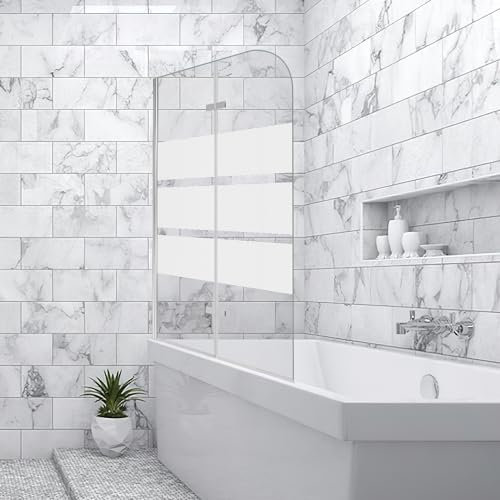 Vigevee Duschwand für badewanne, 100x140cm, Faltbare 2 teilige Glas Duschtrennwand, 6mm EGS Sicherheitsglas Duschabtrennung badewanne, Weiße Streifen Duschwand für dusche, Badewannenaufsatz