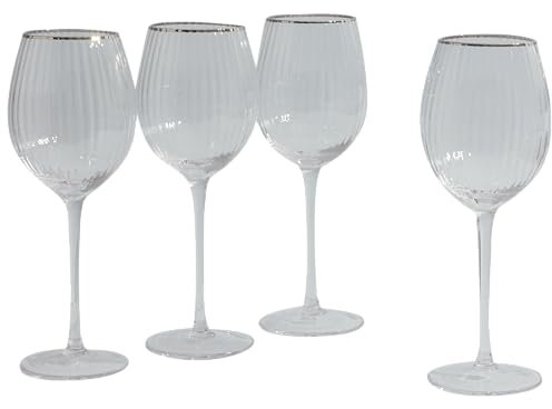 G Decor Set di 4 bicchieri da vino a coste con bordo argentato