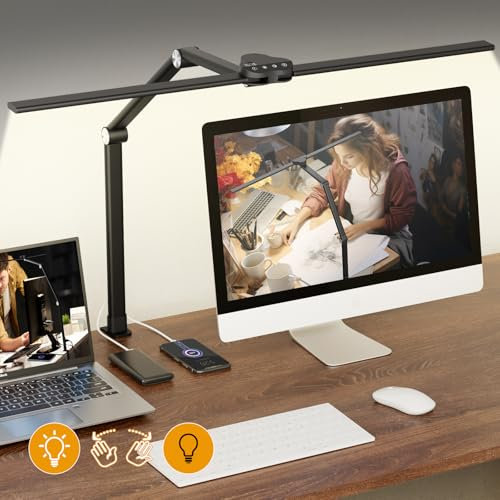 Nulmvic Lampada da Scrivania con Morsetto - 24W 76CM Doppia Testa Luce da Scrivania LED con Interruttore a Sensore di Movimento - 5 Colori e 5 Livelli di Luminosità Protezione Degli Occhi
