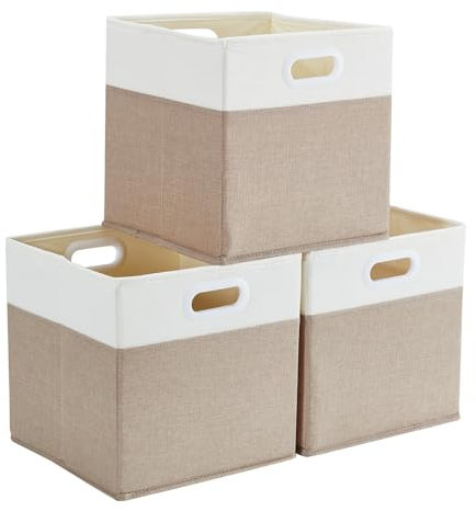 Mangata Aufbewahrungsbox 30x30x30 cm, faltenfrei Stoff Aufbewahrungskörbe für Kleiderkörbe, Körbe, Truhen, Spielzeug (3 er, Helles Khaki/Beige Weiß)