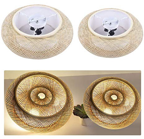 fennnds Bambus Deckenlampe Hängend Vintage Boho Deckenleuchte mit Bambus Lampenschirm Rustikal Bambus LED Pendellampe Runde Lampenschirm für Flur Küche Wohnzimmer Esszimmer & Schlafzimmer (40CM)