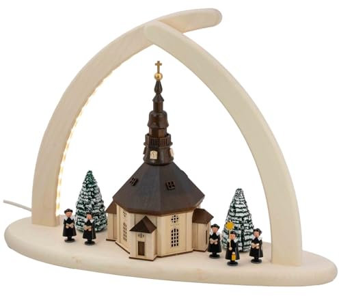 Seiffener Volkskunst | LED Spitzbogen Weihnachtsbogen Weihnachtsdeko | Schwibbogen Lichterbogen Fensterbeleuchtung aus dem Erzgebirge | 43x33 cm | Seiffener Kirche