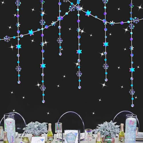 Aoreun Iridescent Schneeflocken Garland 52Ft Winter Schneeflocken Girlande Hochzeit Deko Doppelseitig Holographic Paper Streamer Hängende Schneeflocke Deko für Weihnacht Neujahr Feiertage Party Winter