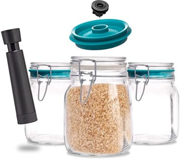 Airtender - Set aus 3 x 1000 ml Einmachgläser - 3 Vakuumdeckel & 1 Vakuumpumpe - Lebensmittel 5x länger frisch halten, spülmaschinenfest & wiederverwendbar