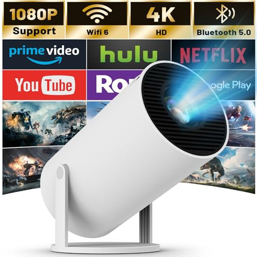 Mini Projecteur 4K Supportée, Videoprojecteur Portable WiFi 6 Bluetooth, Projecteur Video avec Auto Keystone, 130 Pouces, Retournement à 180 Degrés, Dystème D'exploitation Android 11.0