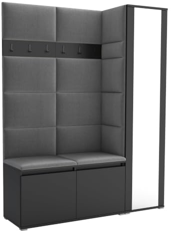Brent - Garderobenschrank Flur Schwarz mit sitzbank 145 cm Breit Luton 7 - Multifunktionale Flurgarderobe Set mit Stauraum und Wandpaneel, Garderobe mit Sitzfläche und Kleiderhaken